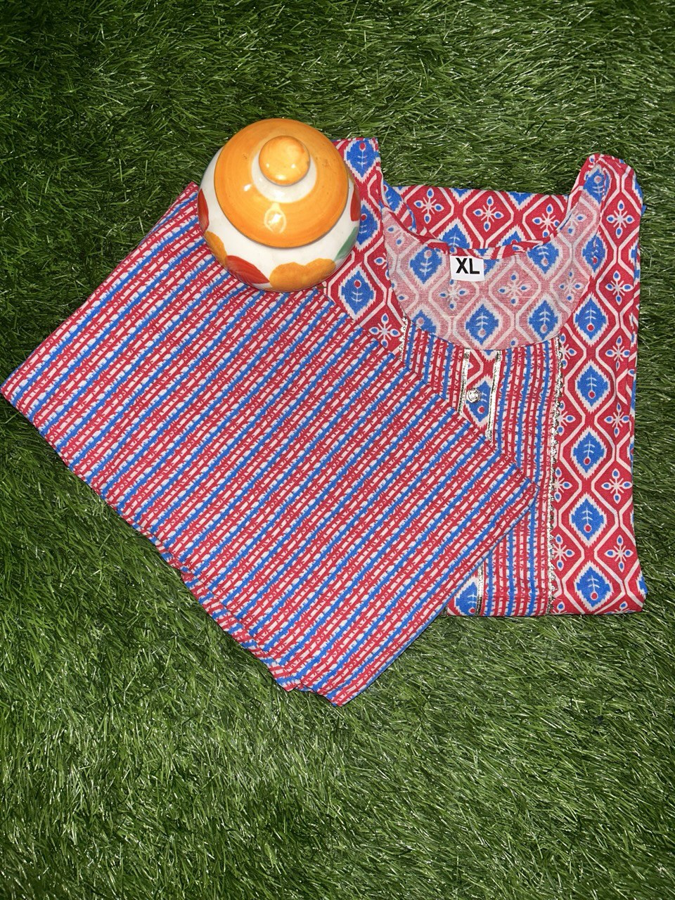 Red & Blue Printed Cotton Kurti Set with Matching Pants
