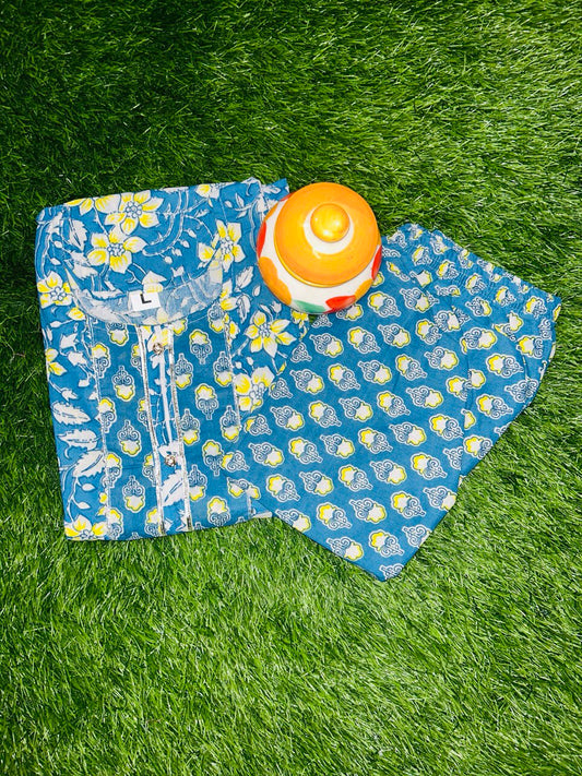 Blue Printed Cotton Kurti Set with Matching Pants