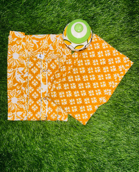 Mustard Yellow Printed Cotton Kurti Set with Matching Pants