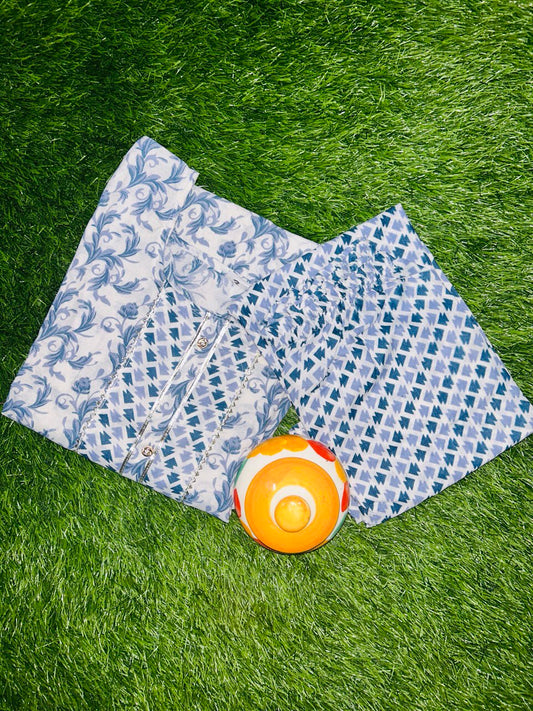 Blue & White Printed Cotton Kurti Set with Matching Pants