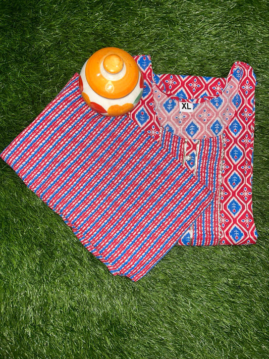 Red & Blue Printed Cotton Kurti Set with Matching Pants