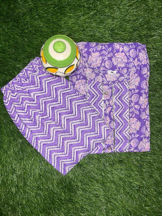 Lavender Purple Printed Cotton Kurti Set with Matching Pants