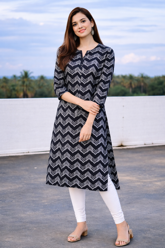 Black Zigzag Printed Women Kurti with White Pants – Elegant Daily Wear