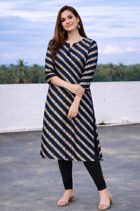 Navy Blue & Gold Striped Women Kurti with Black Leggings – Elegant Casual Wear
