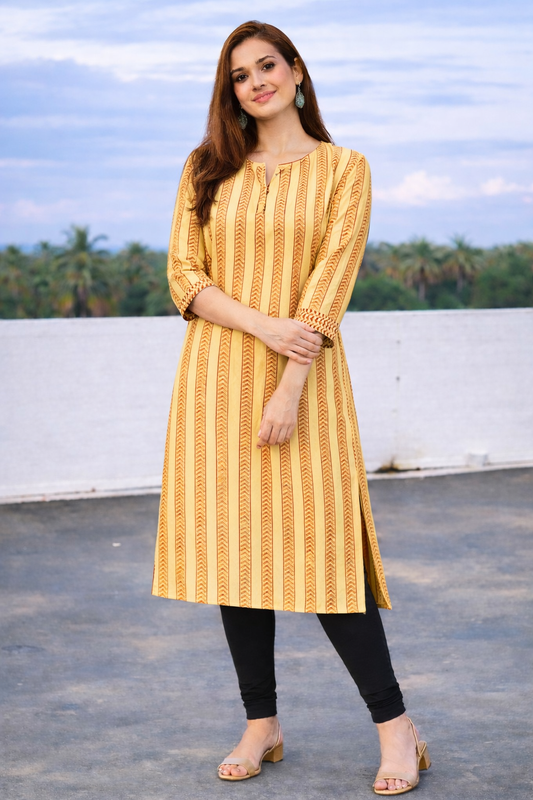 Mustard Yellow Striped Women Kurti with Black Leggings – Elegant Daily Wear