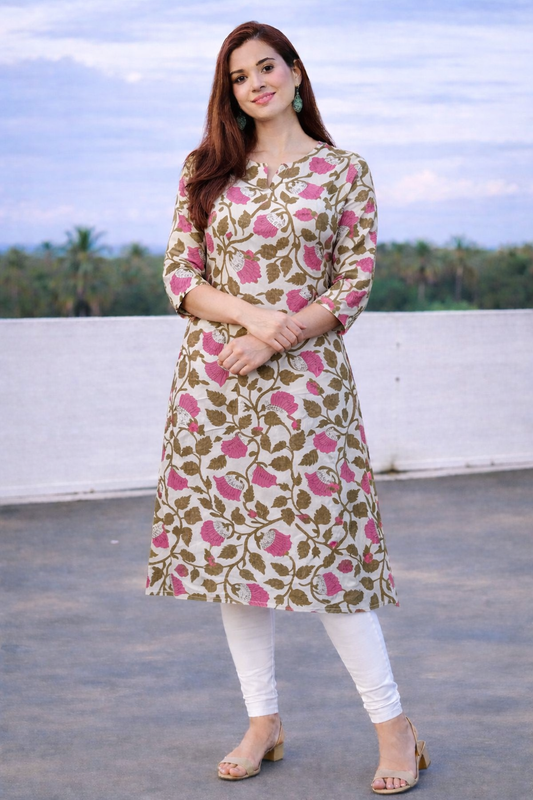 Elegant Pink Floral Cotton Kurti for Women