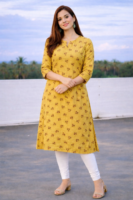 Mustard Yellow Floral Printed Women Kurti with Matching Pant – Elegant Daily Wear