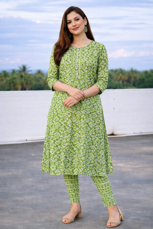 Elegant Green Printed Women Kurti Set – Kurti with Matching Pants