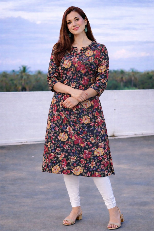 Elegant Dark Floral Printed Women Kurti – Stylish Casual & Office Wear