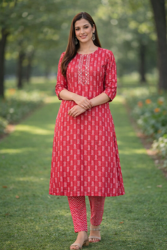 Elegant Red Printed Kurti Set for Women