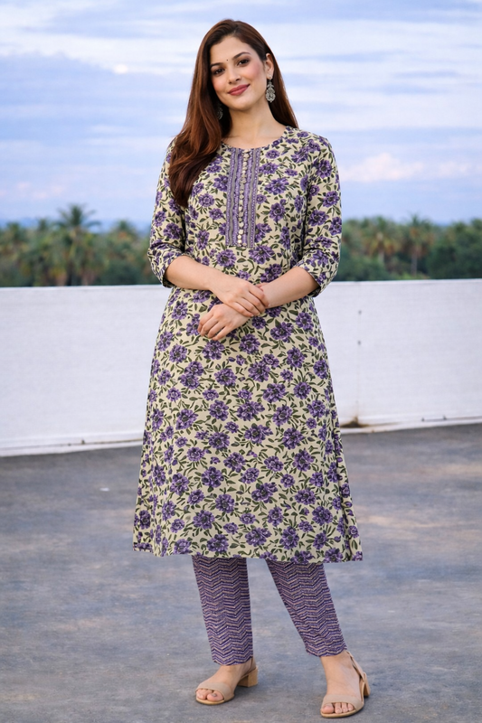 Purple Floral Printed Kurti Set for Women