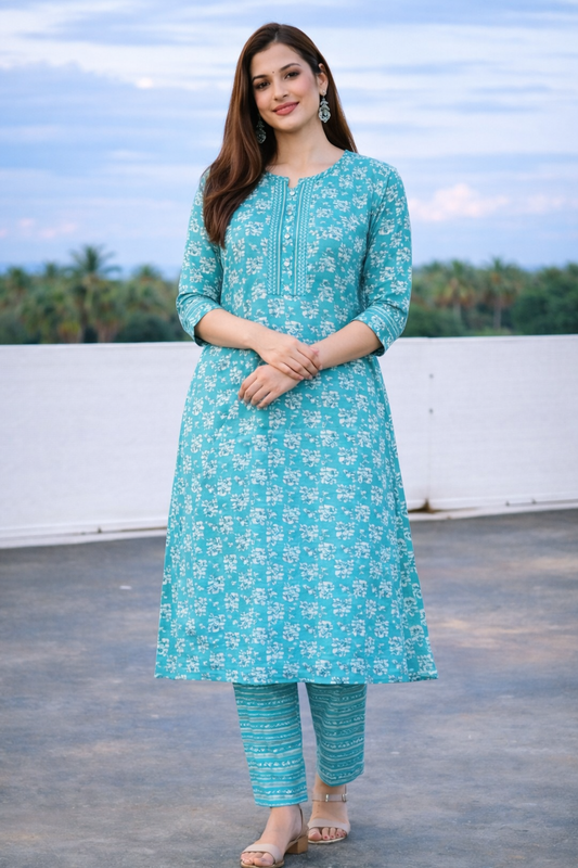 Teal Blue Printed Kurti Set with Matching Pants
